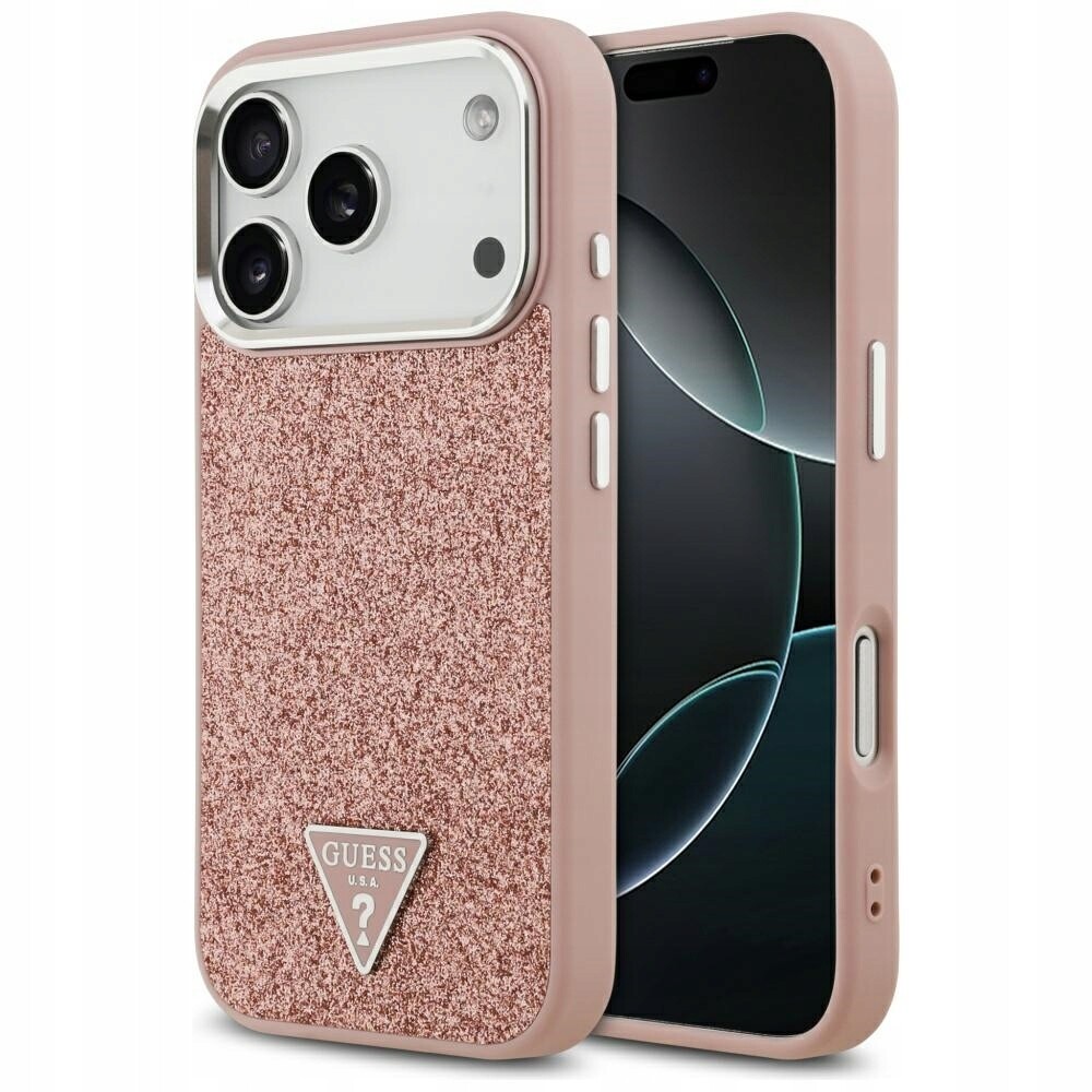 Pouzdro Guess Glitter Triangle Logo MagSafe pro iPhone 17 Pro růžové