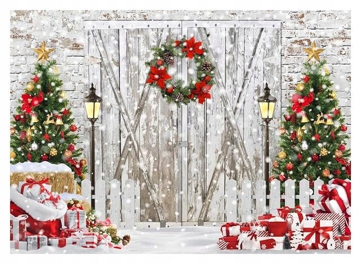 Fotografické pozadí Vánoční 210x150 cm Vánoční stromky Dárky a věnec Vinylové
