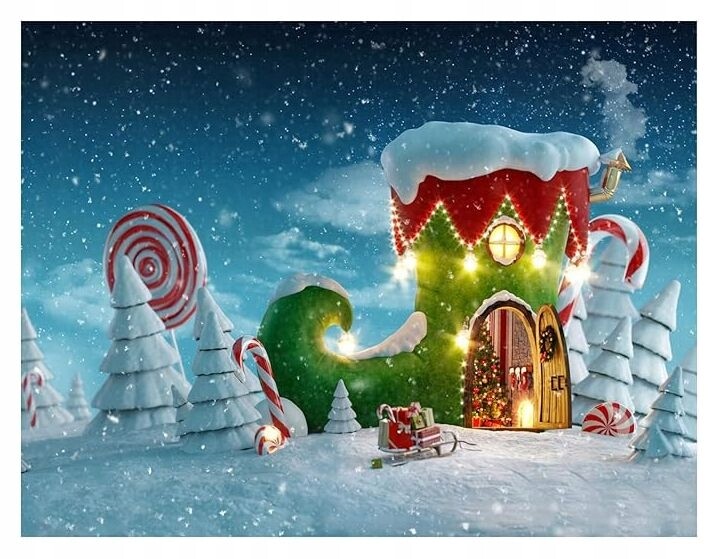 Vánoční fotografické pozadí 210x150 cm Domeček Elfa Zimní scenérie Vinyl