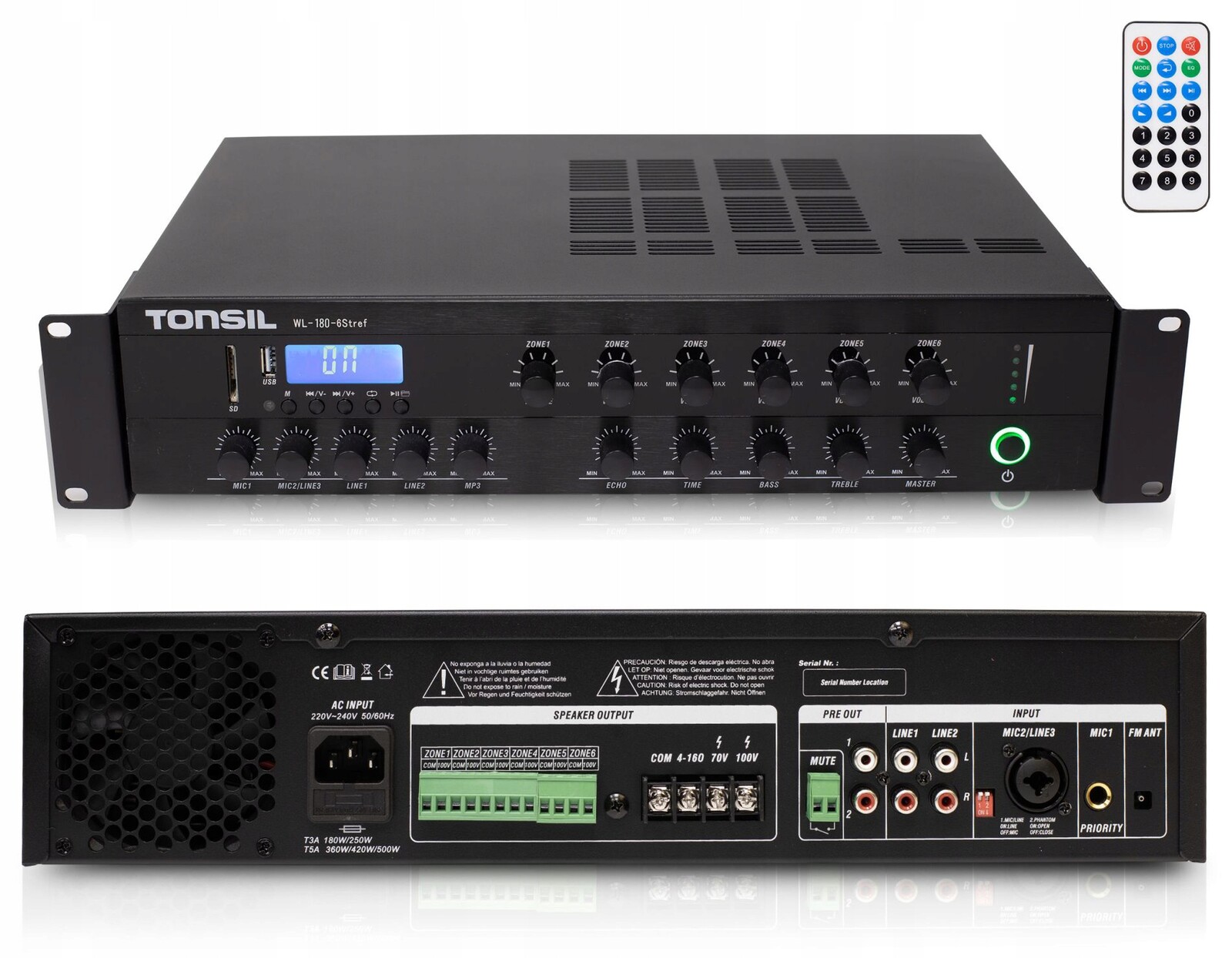Zesilovač Tonsil Wl 180W Instalační 100V 70V Bt Fm Usb MIC Line 6 Zón