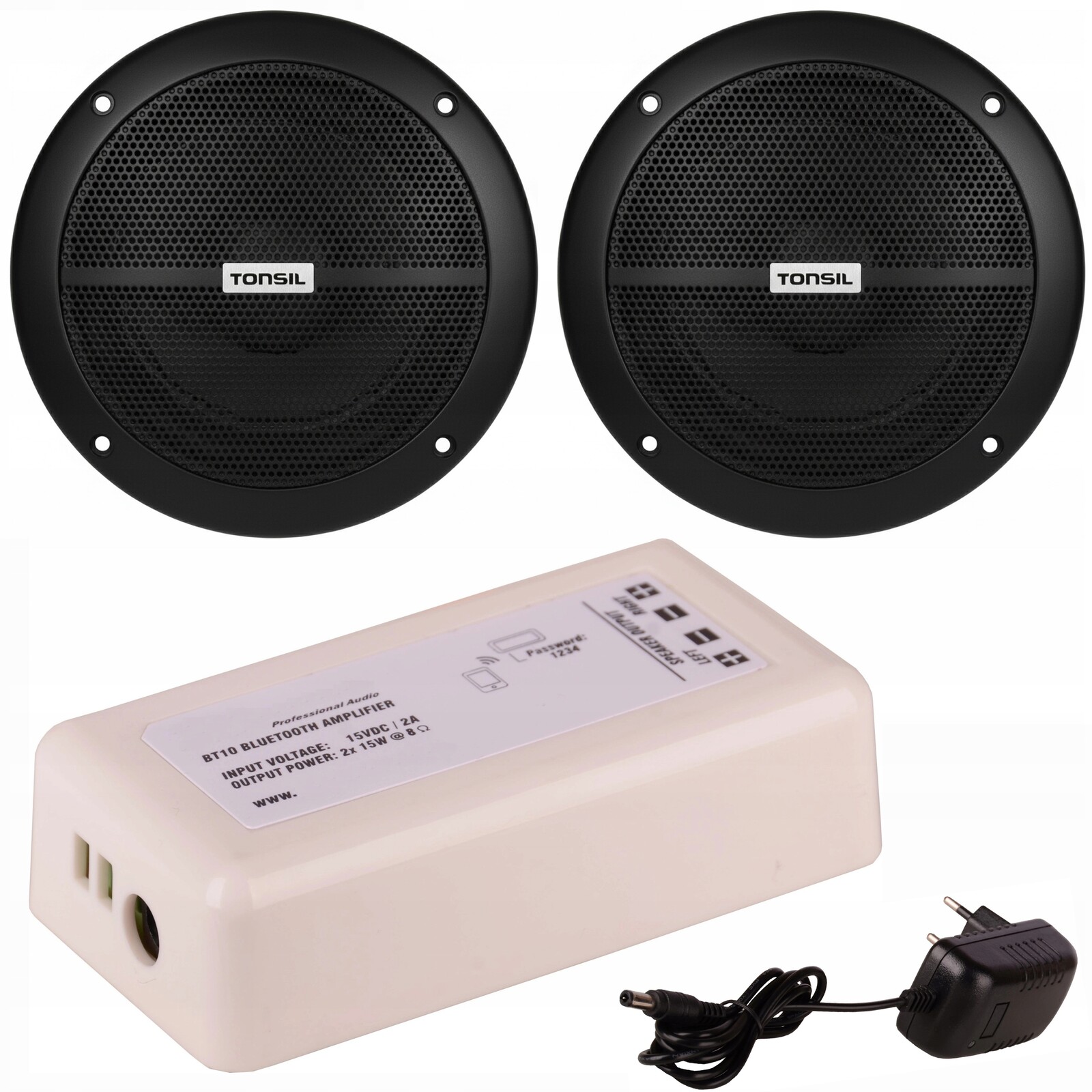 Set: 2x stropní reproduktor Zgsu 13/2 černý zesilovač Tonsil WS-20 Bt