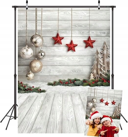 Vánoční fotografické pozadí 150 x 210 cm s červenými hvězdami a koulemi