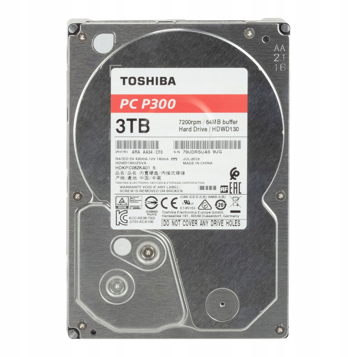 Toshiba HDWD130 3TB Sata 6Gbps Pc P300 64MB Cache 7.2K Rpm