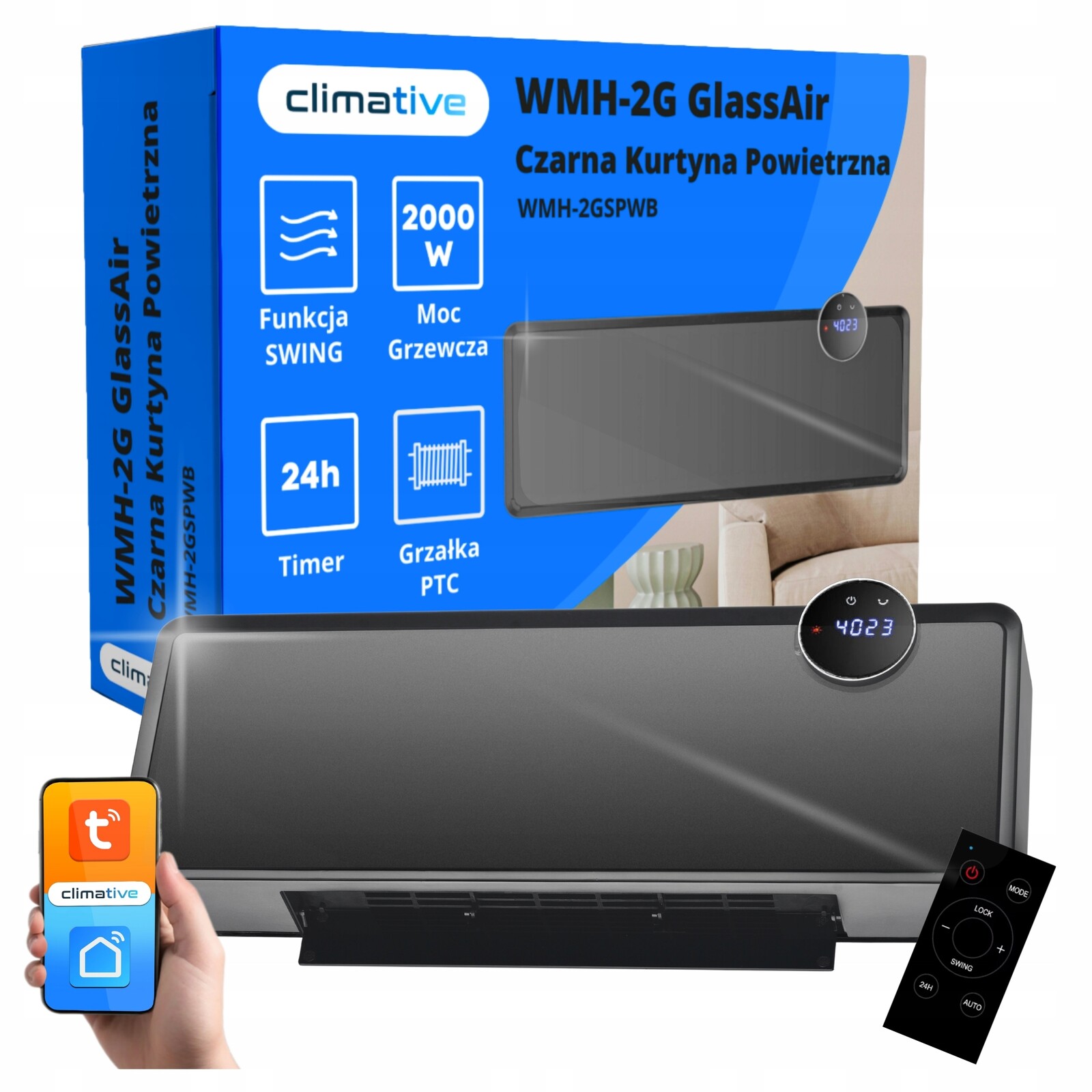 Elektrický ohřívač GlassAir skleněná vzduchová clona farelka 2000W WiFi