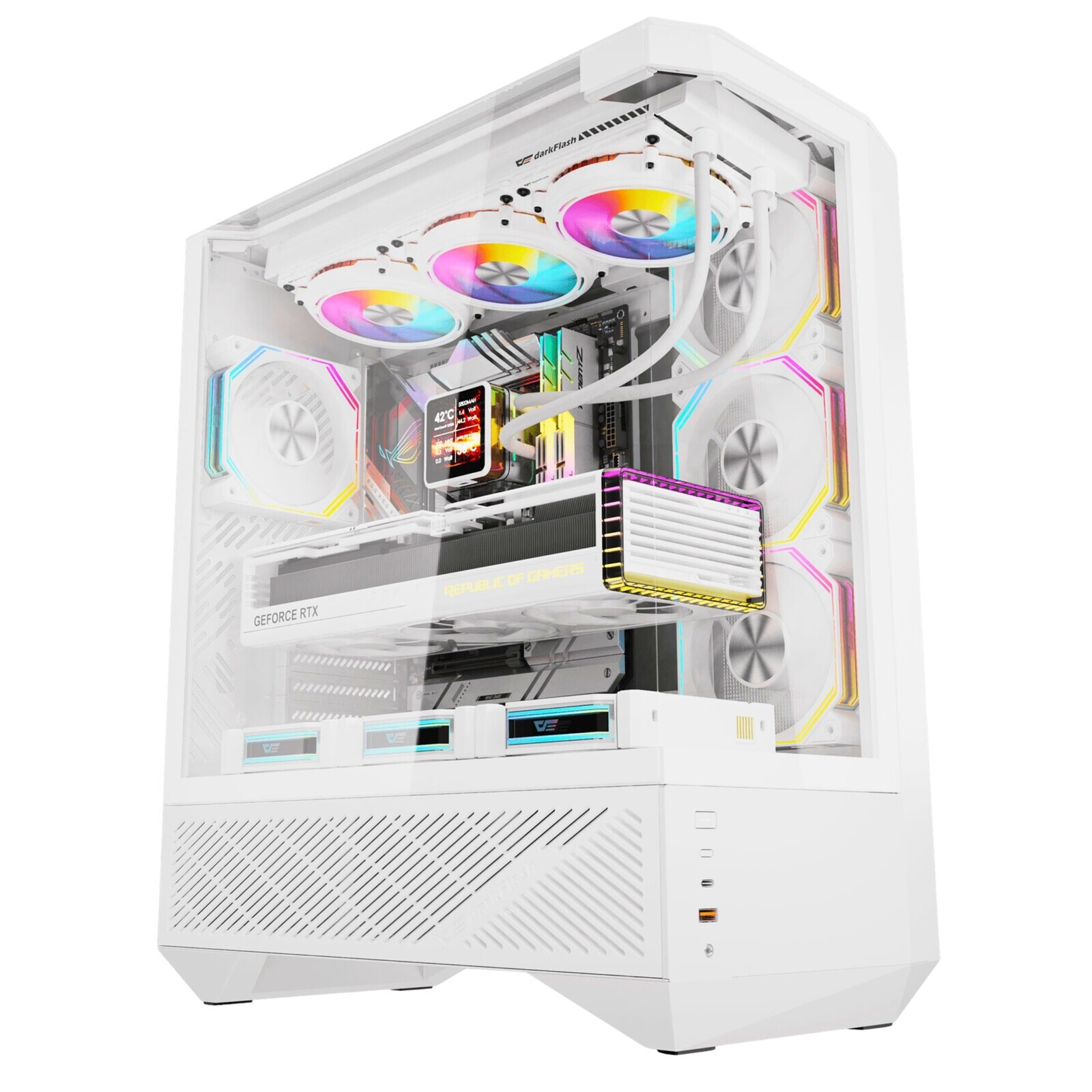 Počítačová Počítačová Skříň darkFlash DY460 bílá Atx, 4x Argb Usb-c ventilátor