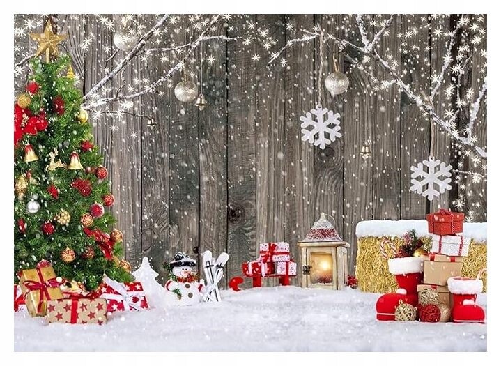 Vánoční fotografické pozadí 210x150 cm Vánoční stromek Dárky a sníh Vinylové