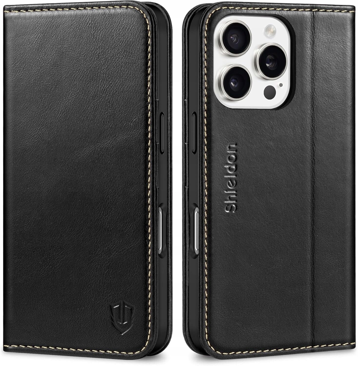 Shieldon přírodní pouzdro pro iPhone 16 Pro Rfid s klapkou, černé