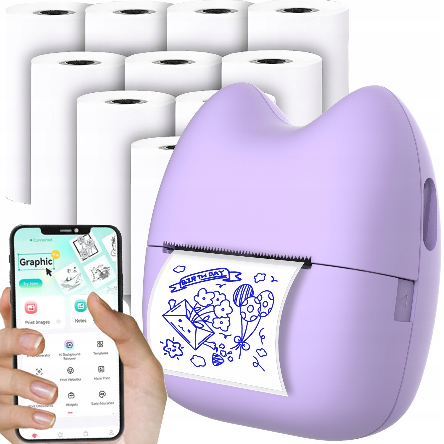 Mini termální tiskárna Fotuś Kotuś pro děti A02 53 mm Bluetooth 13 rolí