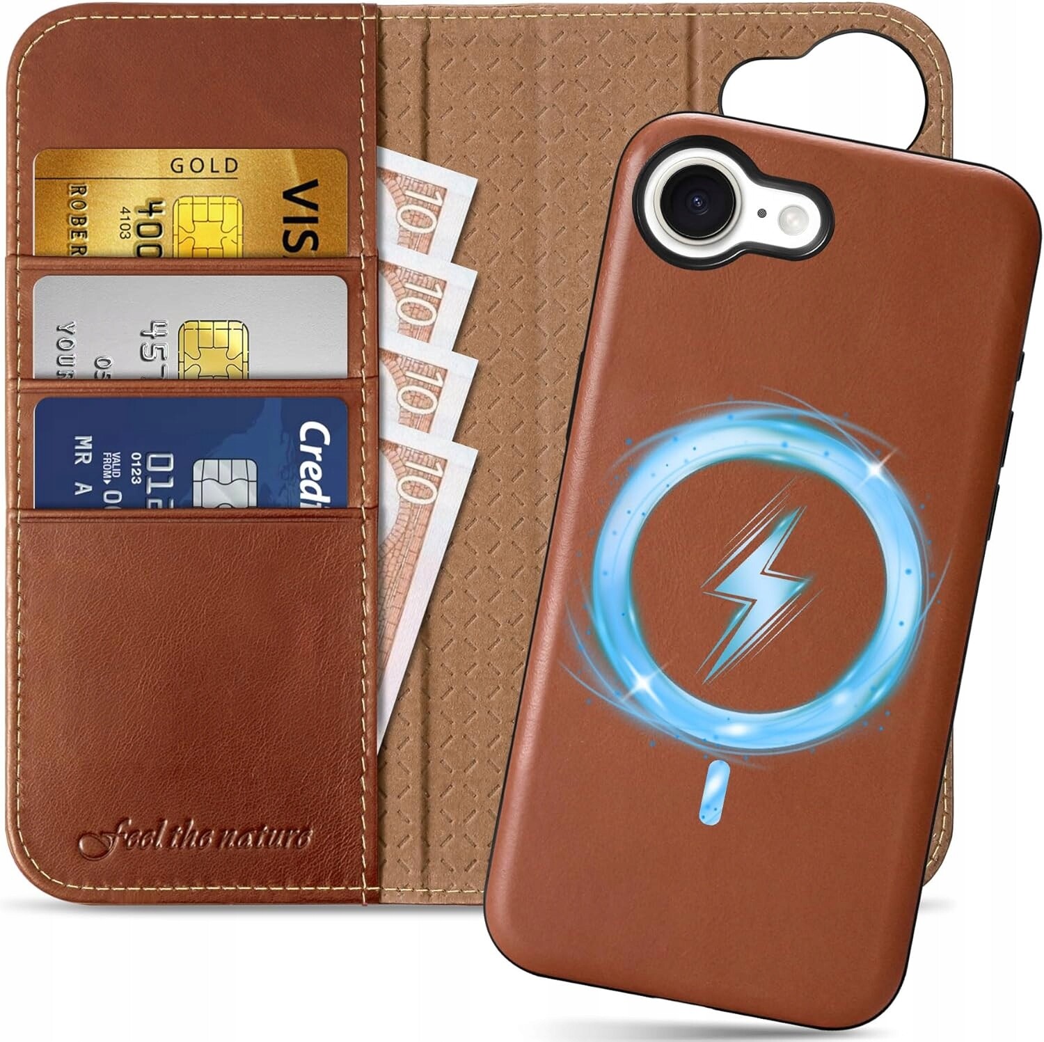 Shieldon přírodní pouzdro 2v1 pro iPhone 16e, peněženka s MagSafe klopou