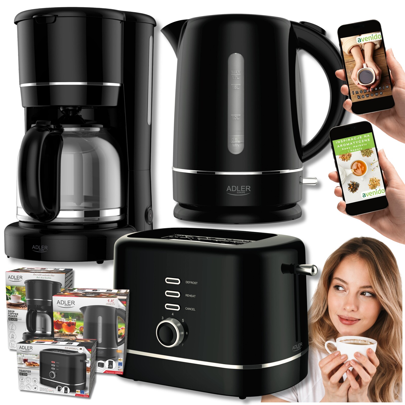 Černá sada značky Adler – překapávač +Toustovač Rychlovarná konvice