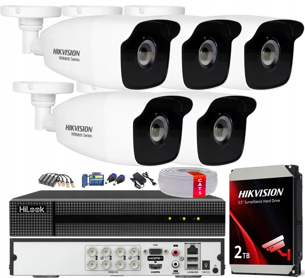 Monitorovací sada 5 kamer HWT-B220-M 2Mpx Hikvision Ahd Tvi Venkovní 2TB
