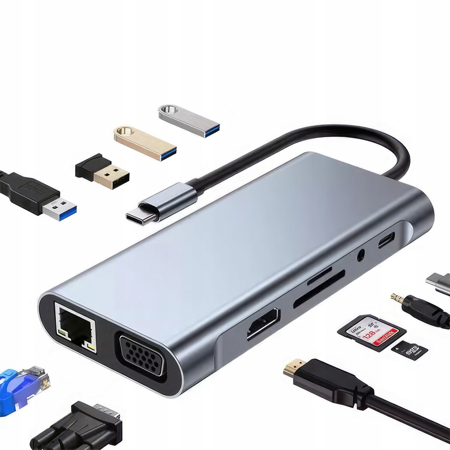 Hub Adaptér Rozbočovač Usb Usb-c Lan RJ45 Hdmi Čtečka Karet Microsd Aux
