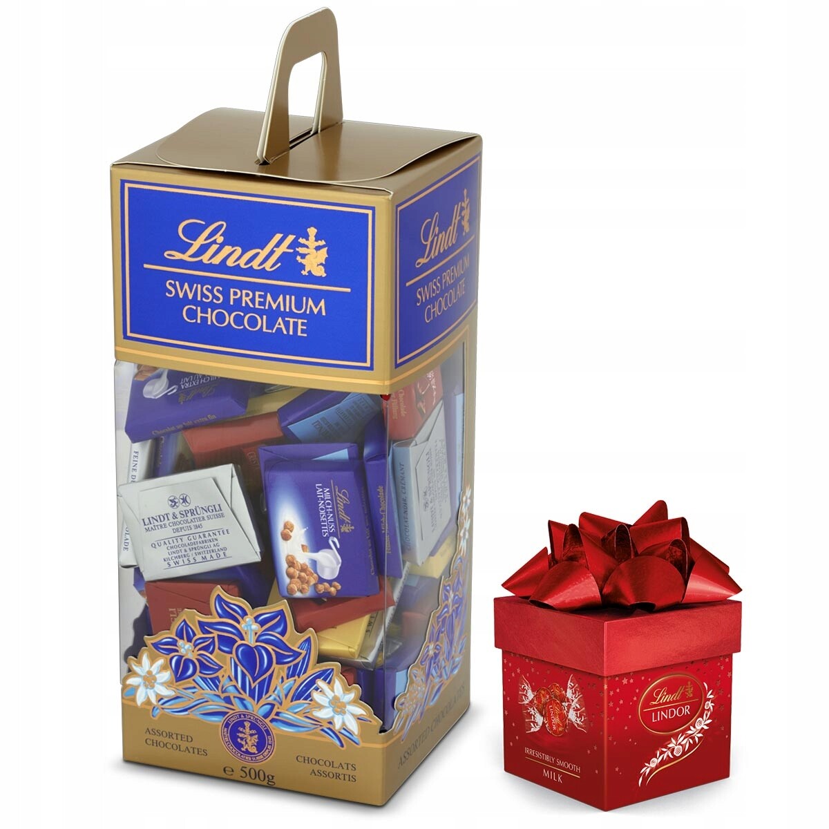 Vánoční sada: Lindor kostky mléčných Pralinky a švýcarské Pralinky 575g