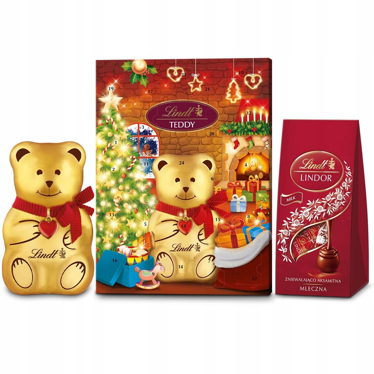 Sada Adventní kalendář Teddy Medvídek Teddy a Pralinky Lindor mléčné 470 g