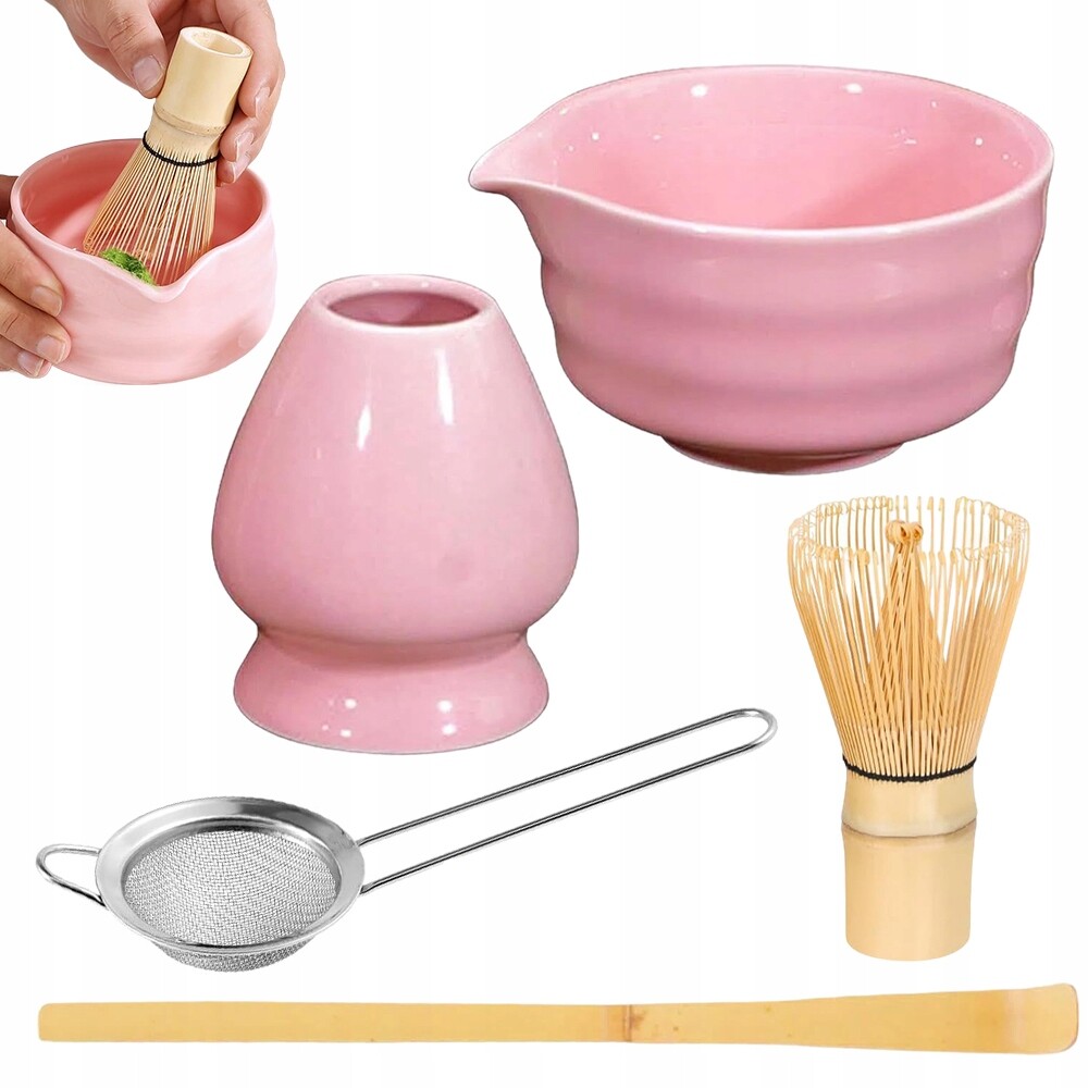 Sada Pro Matcha 5 Dílů Růžová Miska Bambusová Šlehací Metla