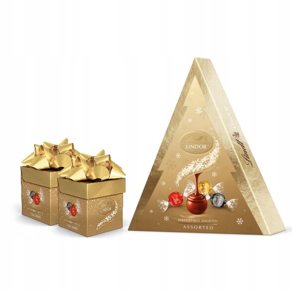 Vánoční sada Lindt Lindor Pralinky assorted zlaté cube a vánoční stromek 275 g
