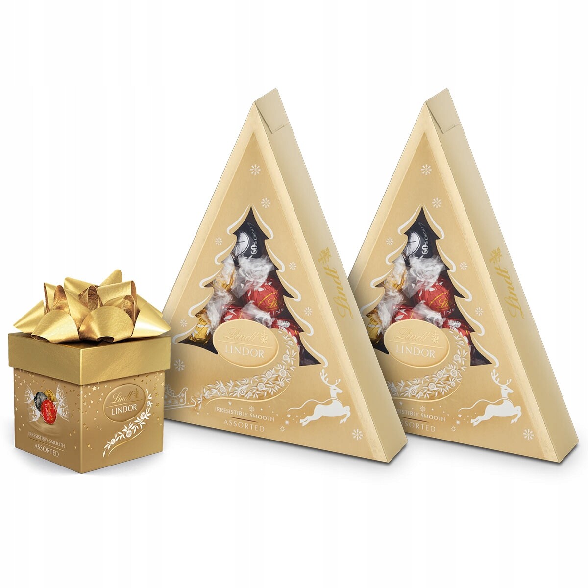 Vánoční sada Lindt Pralinky Lindor cube assorted a zlatý vánoční stromek 325 g