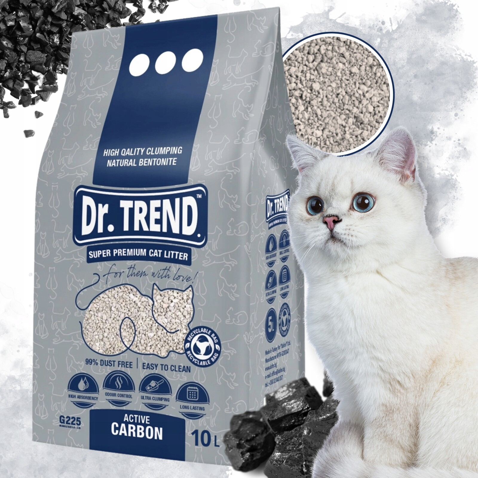 Dr. Trend Premium bentonitové stelivo pro kočky s aktivním uhlím 2x10 l