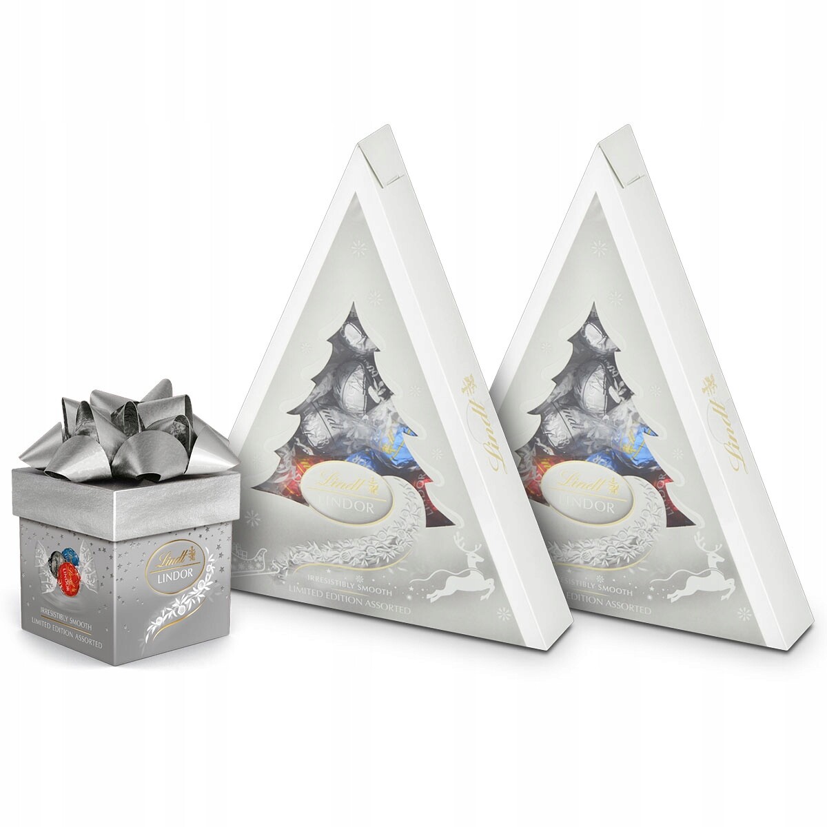 Vánoční sada Lindt Pralinky Lindor silver cube a pralinky vánoční stromek 325 g