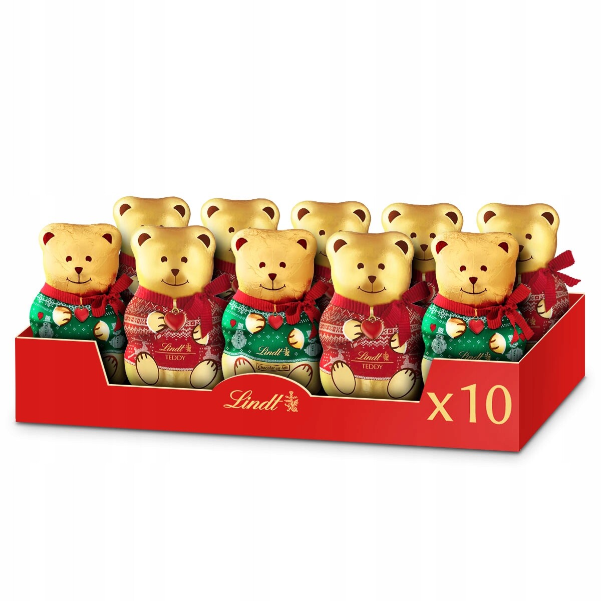 Vánoční sada Lindt Medvídek Teddy Red&Green čokoláda mléčná 10x100 g