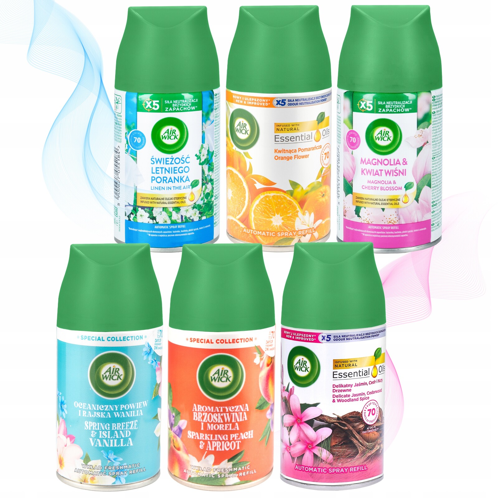 Sada 6 náplní Air Wick Freshmatic 250 ml Náhradní náplň do osvěžovače Mix Vůně