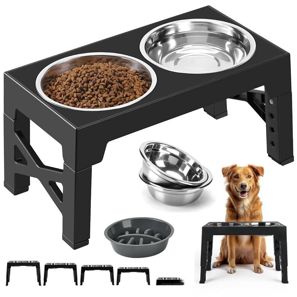 Dvojitá Miska Pro Psa S Nastavitelnou Výškou Na Stojanu, Neabrazivní, 3V1