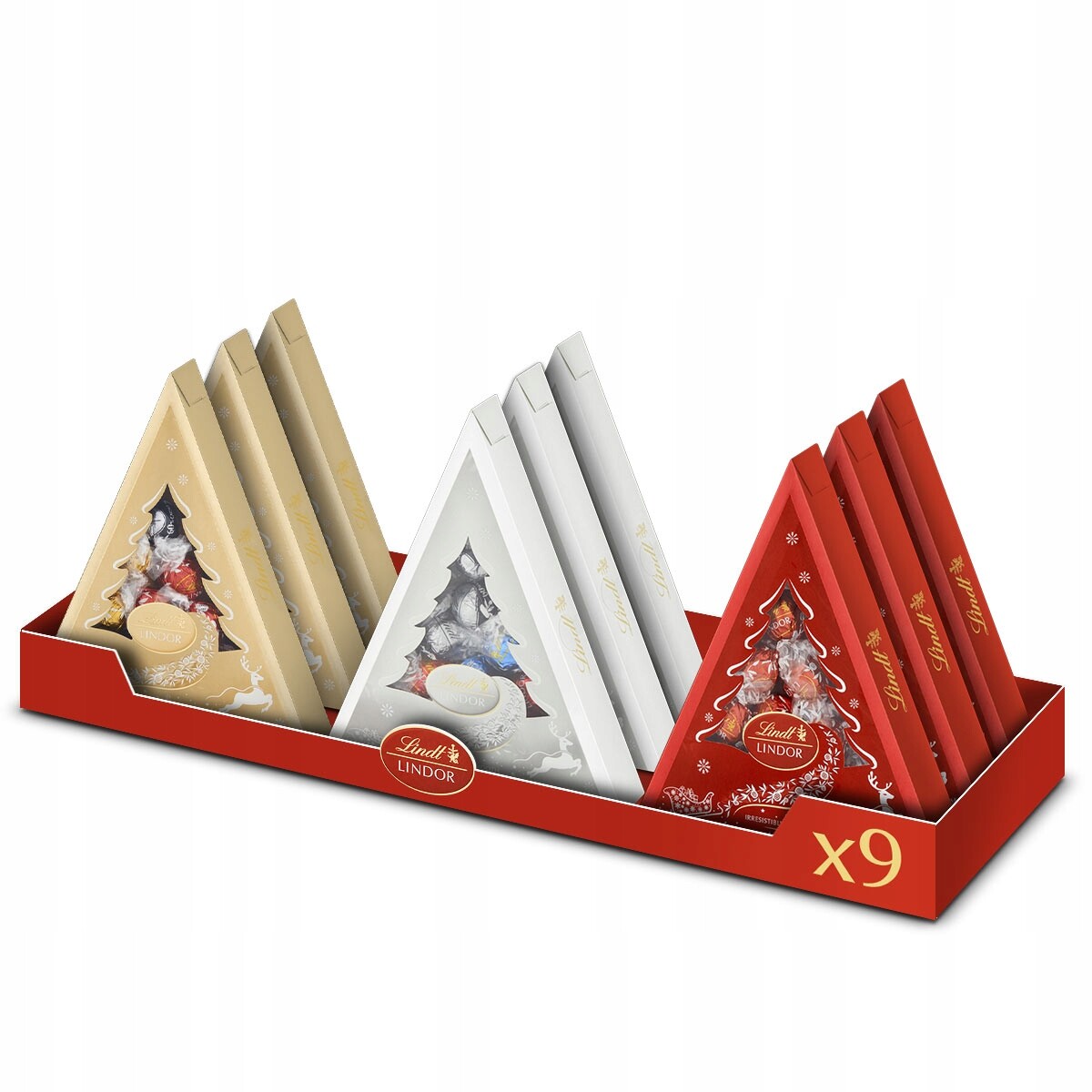 Vánoční sada Lindor pralinky, assorted, stříbrný vánoční stromek 9x125g