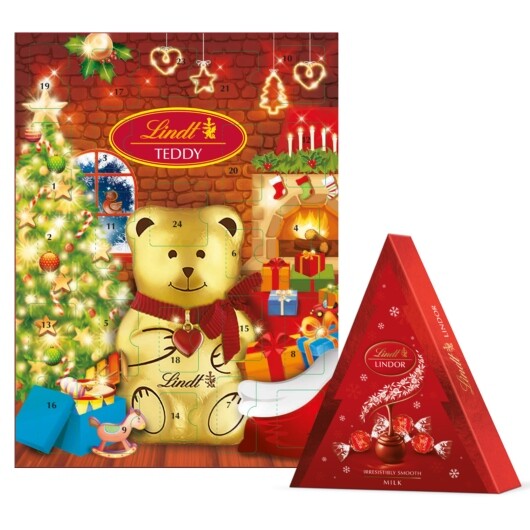 Lindt Adventní kalendář Teddy 170 g pralinky Lindor červený vánoční stromek 125 g