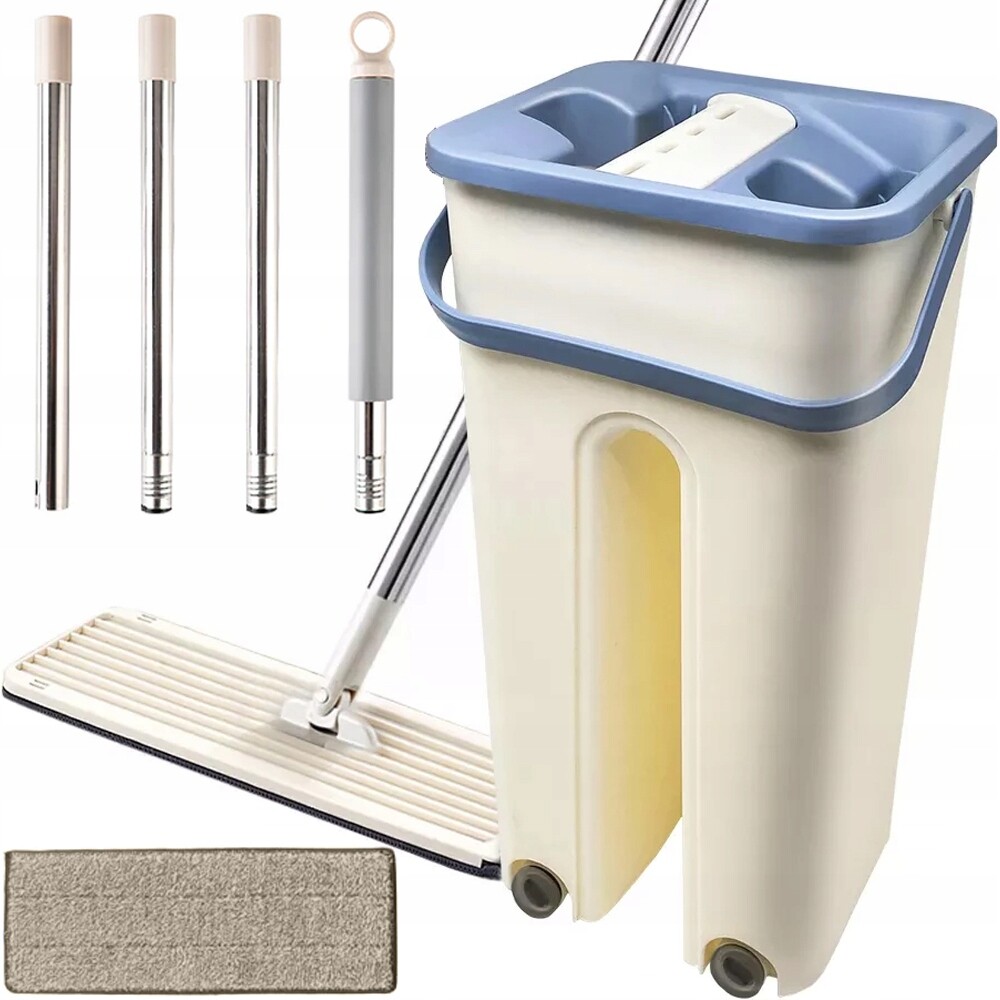 2X Mop S Kbelíkem Plochý Dvoukomorový Se Ždímačem Rotační Kbelík Na Podlahy