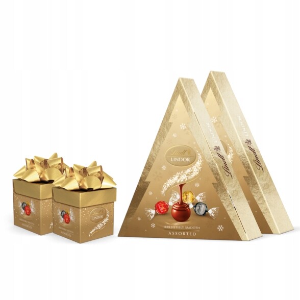 Vánoční sada Lindt Lindor Pralinky assorted zlaté cube a vánoční stromek 400 g