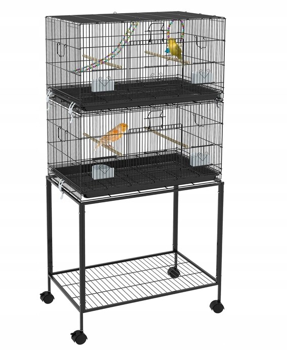 Dvojitá klec pro ptáky s krmítky, vyjímatelná polička, rukojeť a kolečka