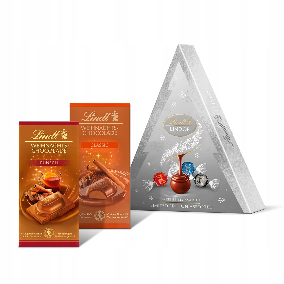 Sada Lindt pralinky Lindor vánoční stromek, čokoláda skořice a punč 325 g Vánoce