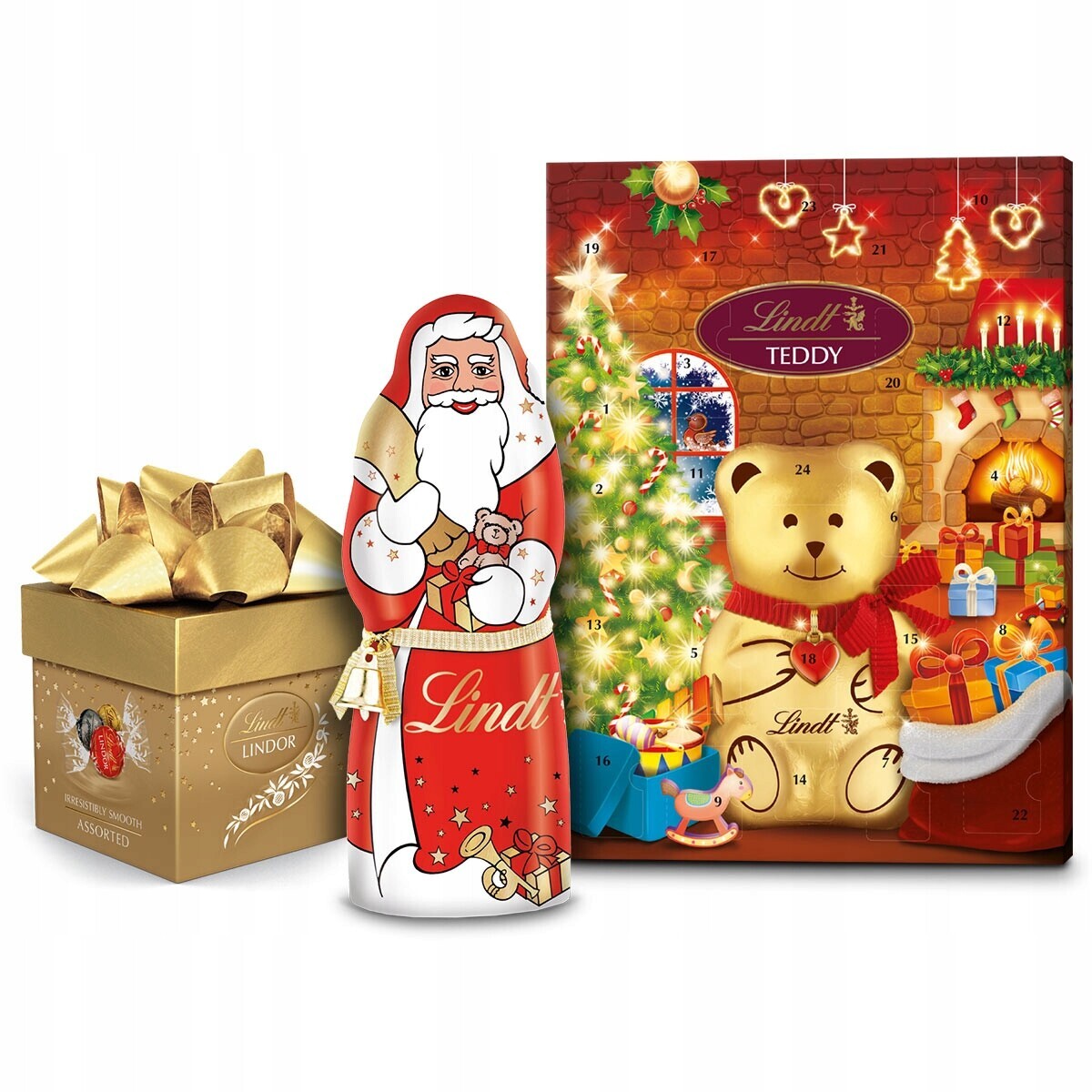 Sada Lindt Adventní kalendář Medvídek Teddy, Pralinky Lindor a Mikuláš 370 g