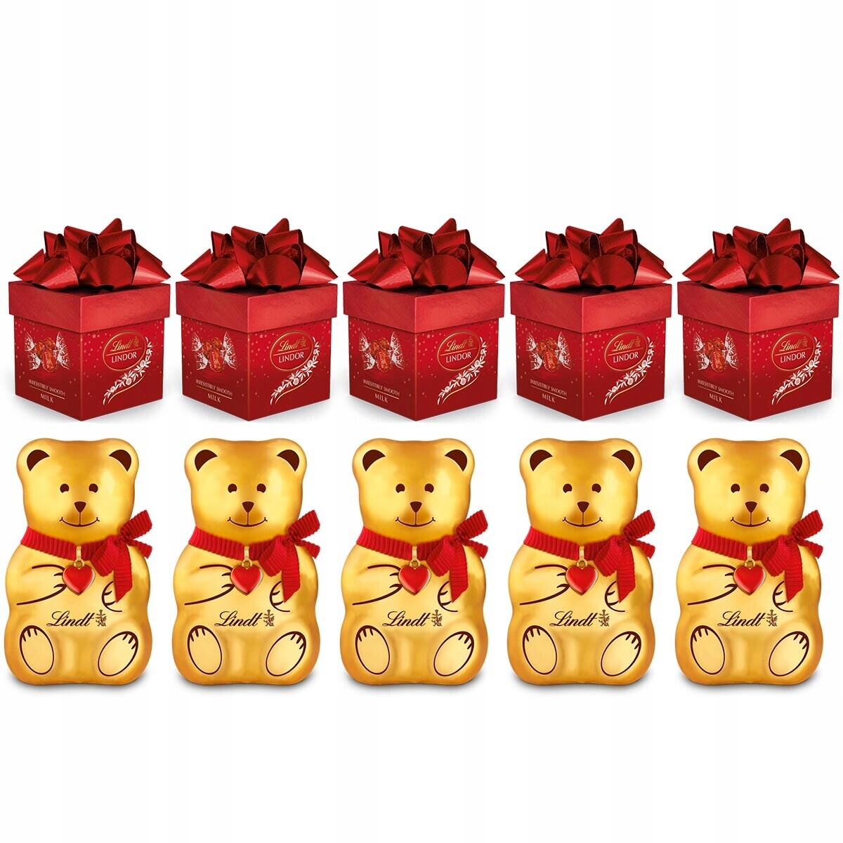 Lindt Vánoční sada medvídků 5x100g Lindor mléčné pralinky kostka 5x75g