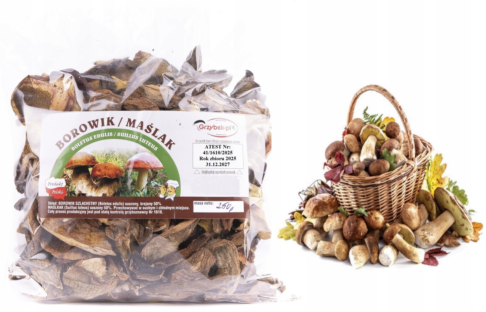 Borowik+maślak Krájený 250g Nová Sbírka 2025 Polský Atest sušené houby