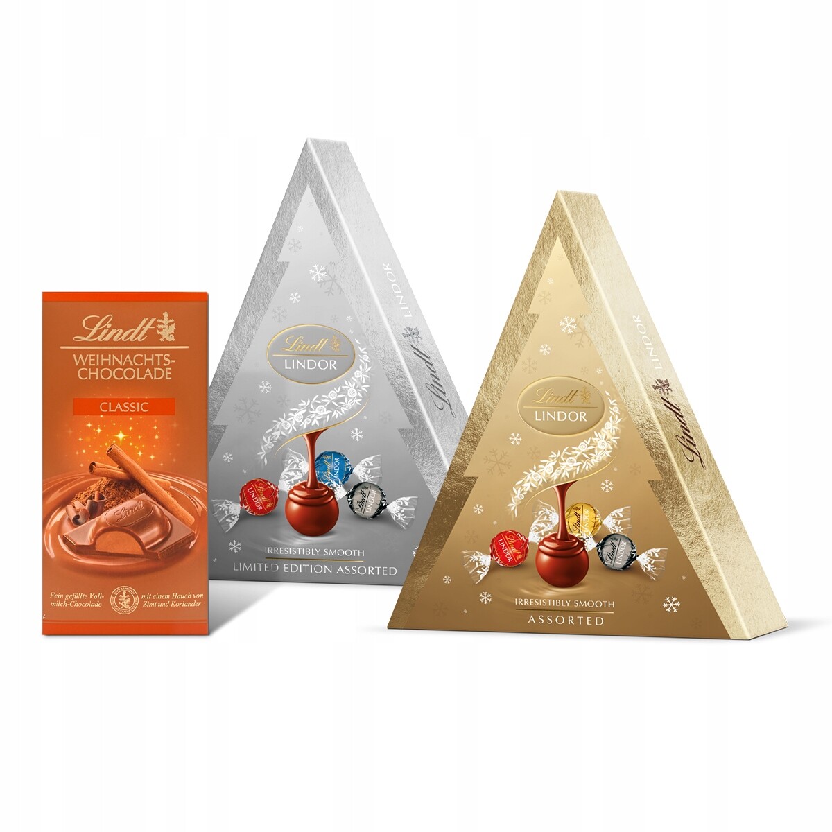 Lindt Lindor pralinky stříbrné a zlaté vánoční stromeček, čokoláda se skořicí Vánoce