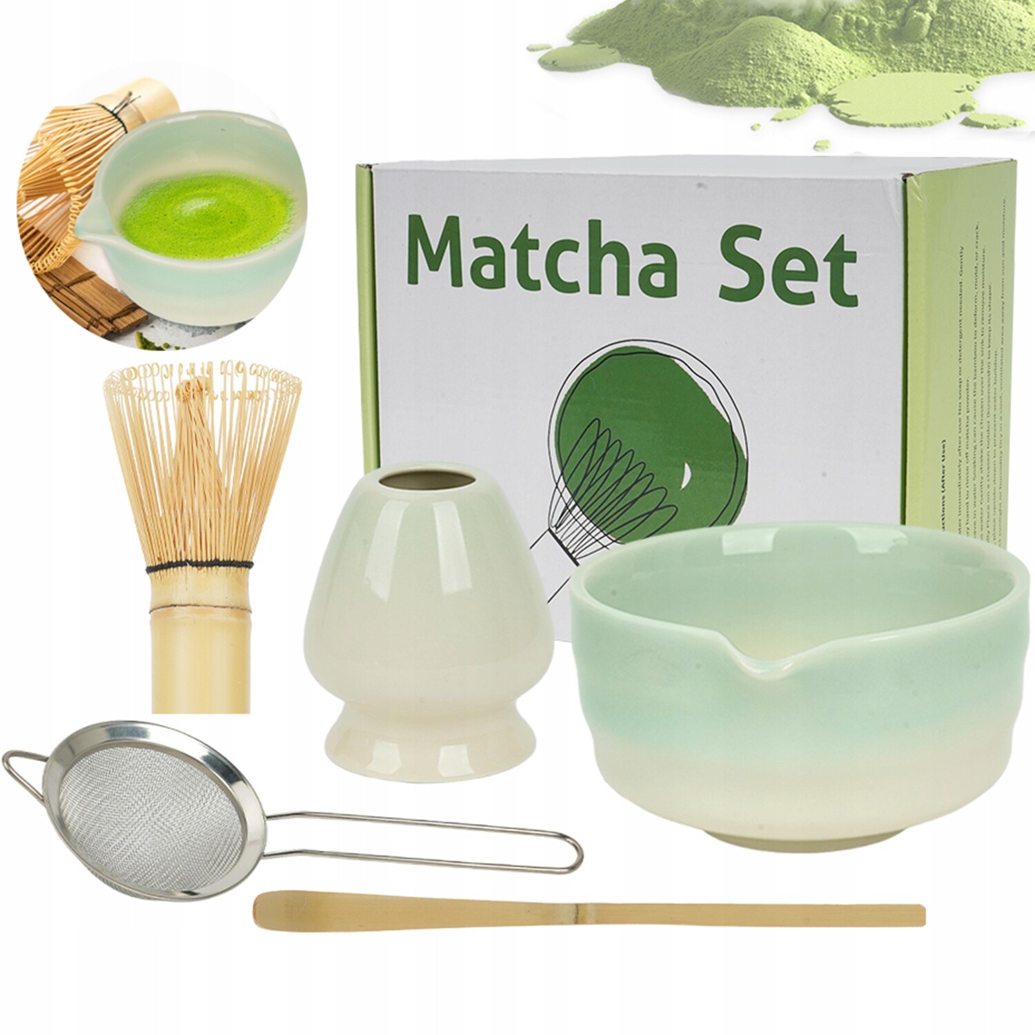 Matcha Set Keramický Gradientní Zelený Šálek Chasen Chashaku Dárek