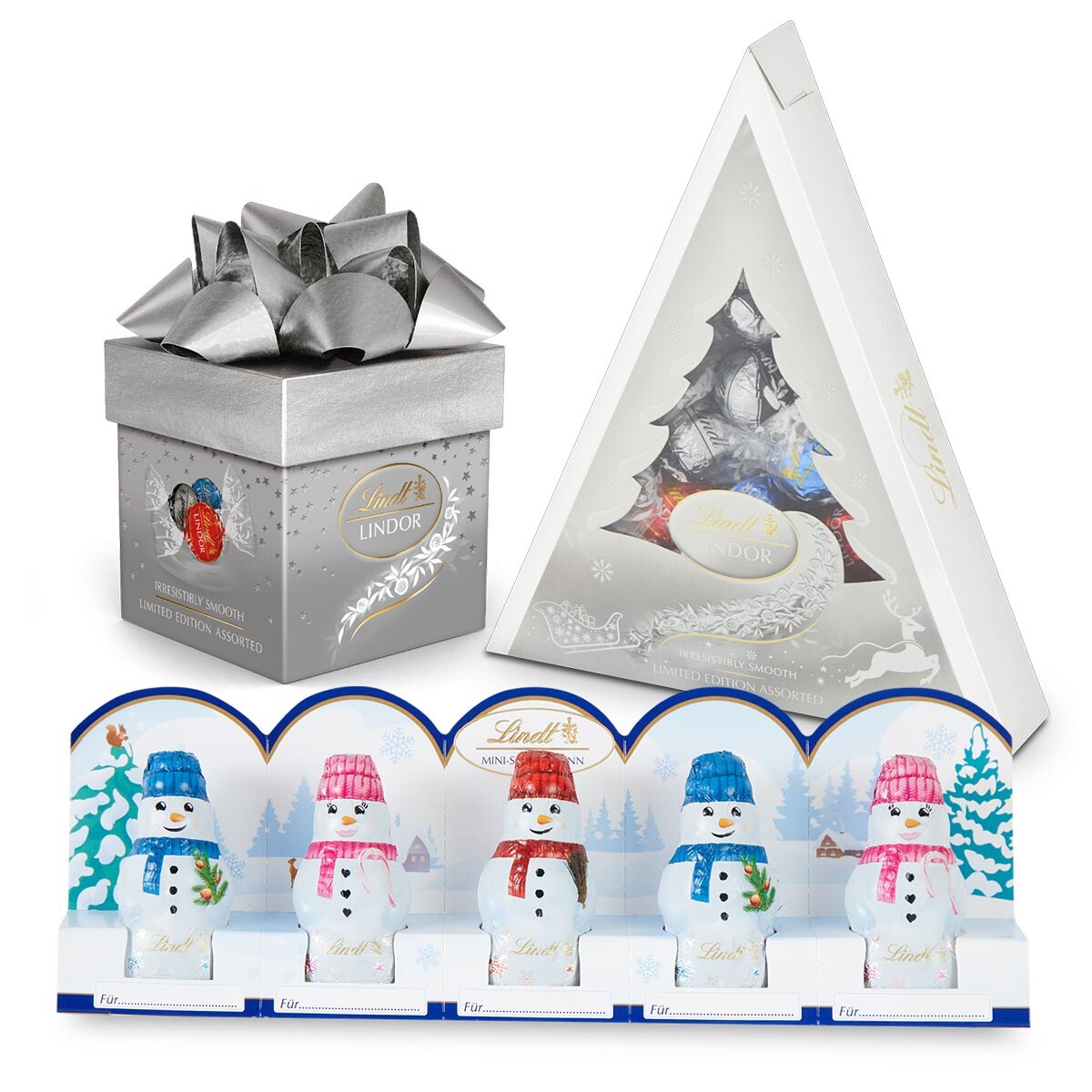 Vánoční sada Pralinky Lindor stříbrný vánoční stromek cube a mini sněhuláci 250 g