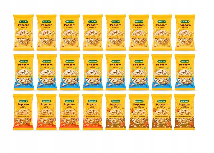 Bakalland Popcorn do mikrovlnné trouby 24x90g mix chutí slané máslo sýr karamel