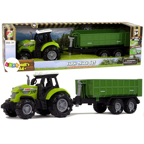 Zelený traktor s odnímateľnou vlečkou a zvukom