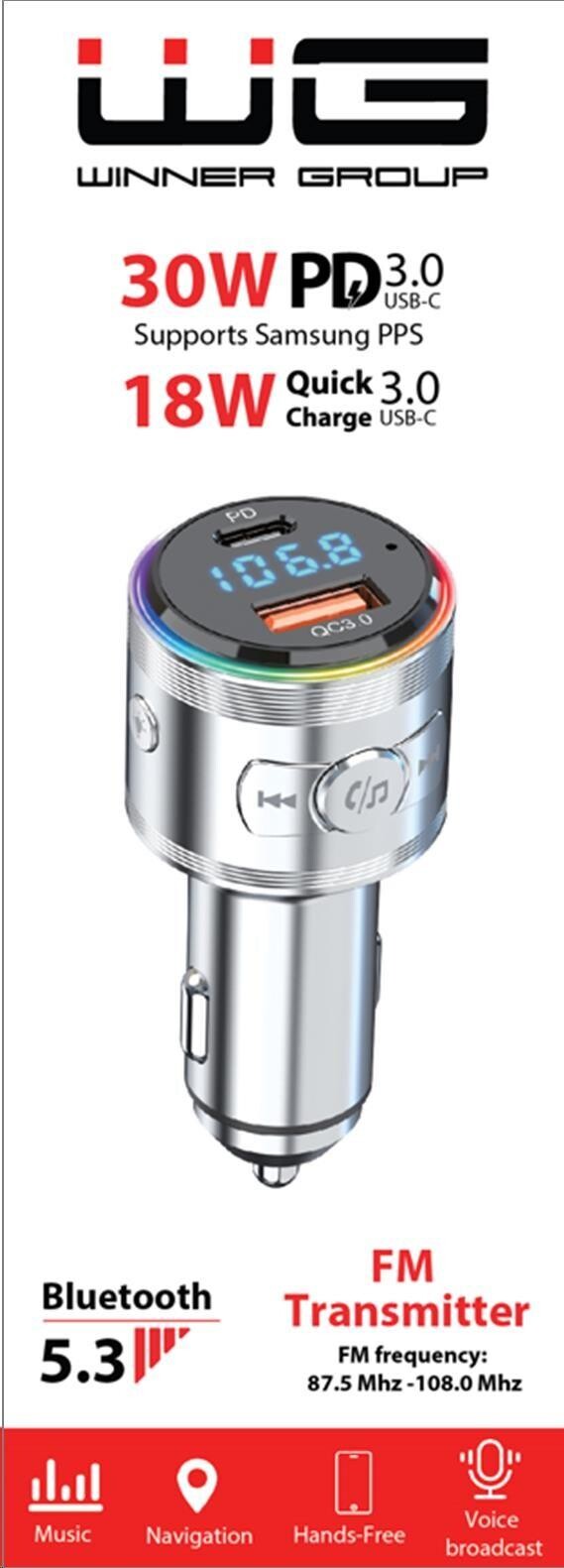 WG - Nabíječka do auta, Transmitter FM, USB-A QC 3.0 18W + USB-C PD 30W, stříbrná