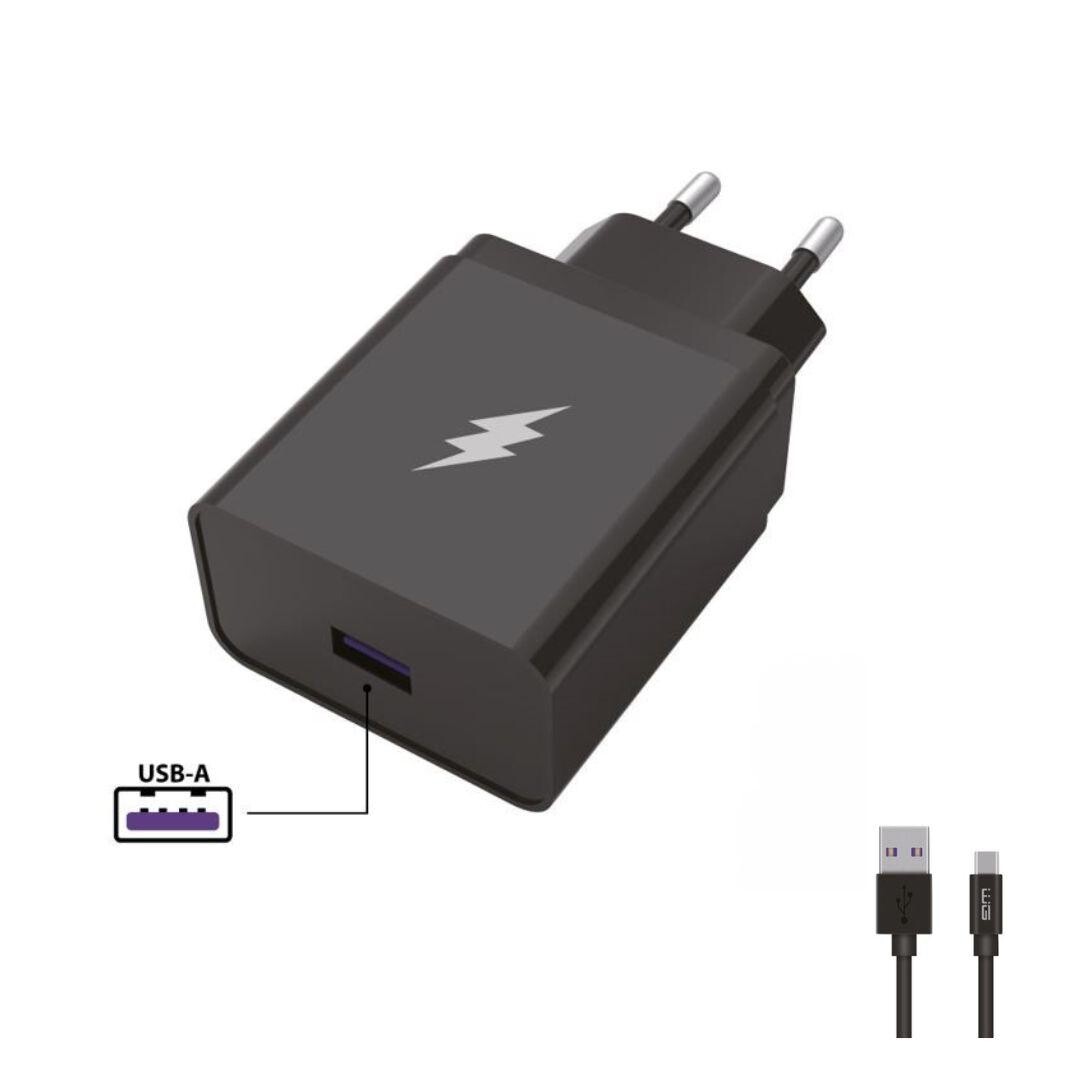 WG - Síťová nabíječka 1x USB-A 22, 5W, SuperCharge, 5V-9V-12V, + kabel USB-A na Type-C (5A), černá
