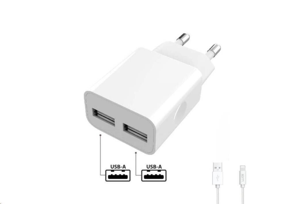 WG - Síťová nabíječka 2x USB-A 2, 4A, Smart IC + kabel USB-A na Lightning, white