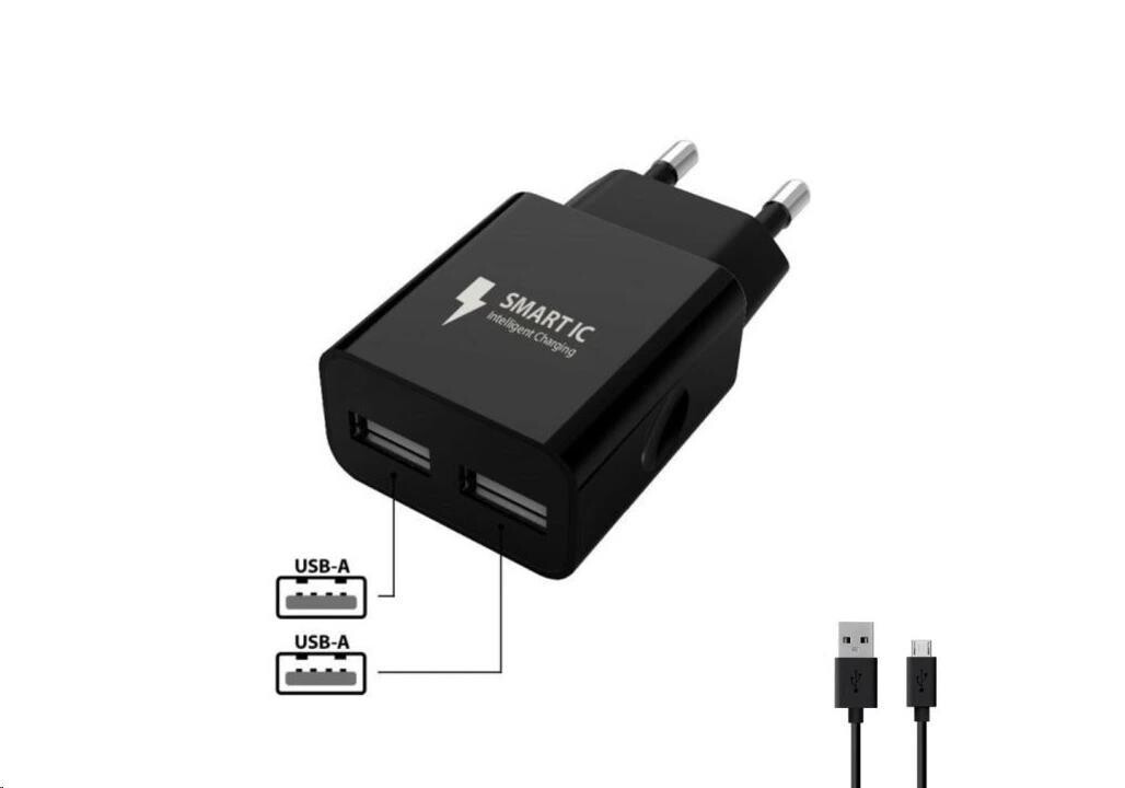 WG - Síťová nabíječka 2x USB-A 2, 4A, Smart IC + kabel USB-A na Micro USB, black