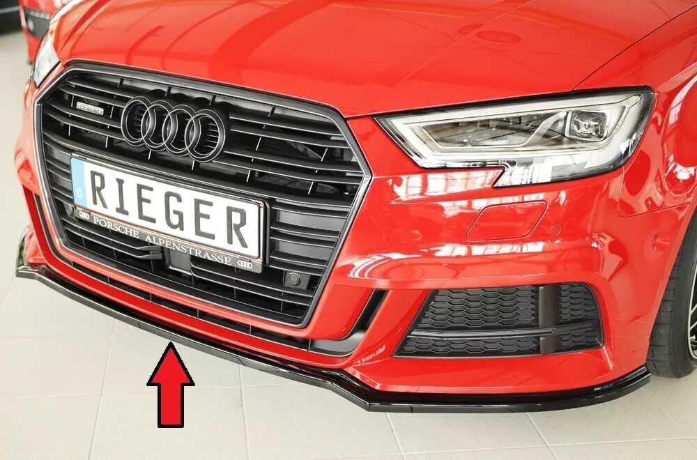 Rieger Tuning Rieger lipa pod přední nárazník pro Audi A3 S3 8V 3-dvéř. (convertible 8V7), 5-dvéř. (sedan 8VS) po faceliftu, 09/16-, plast ABS lakovaný do černé lesklé barvy
