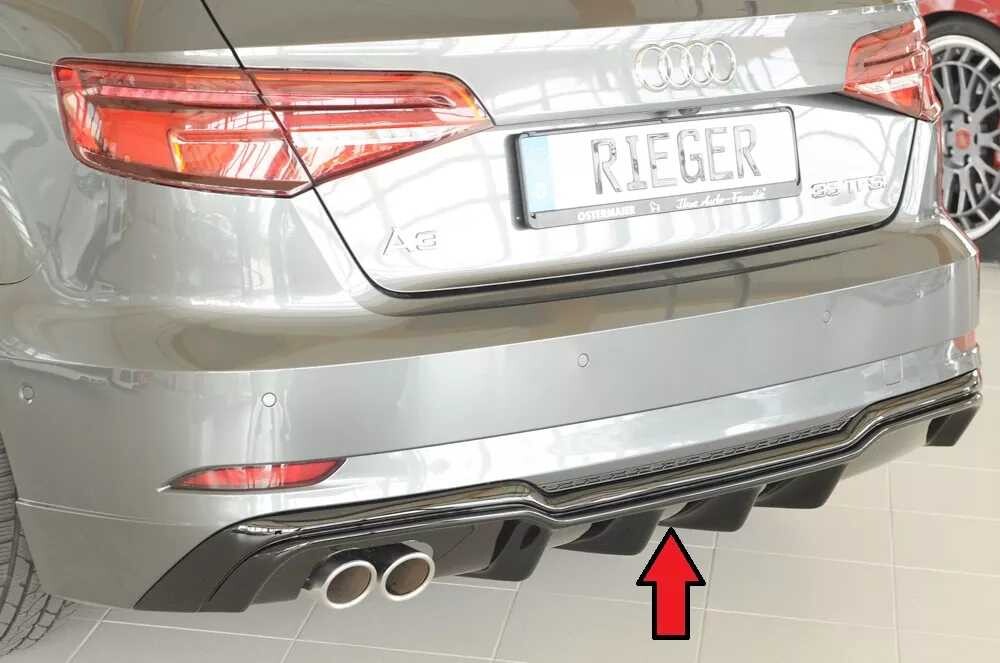 Rieger Tuning Rieger vložka zadního nárazníku pro Audi A3 8V 3-dvéř. (hatchback 8V1), 5-dvéř. (sportback 8VA) po faceliftu, plast ABS lakovaný do černé lesklé barvy, pro dvojitou koncovku vlevo