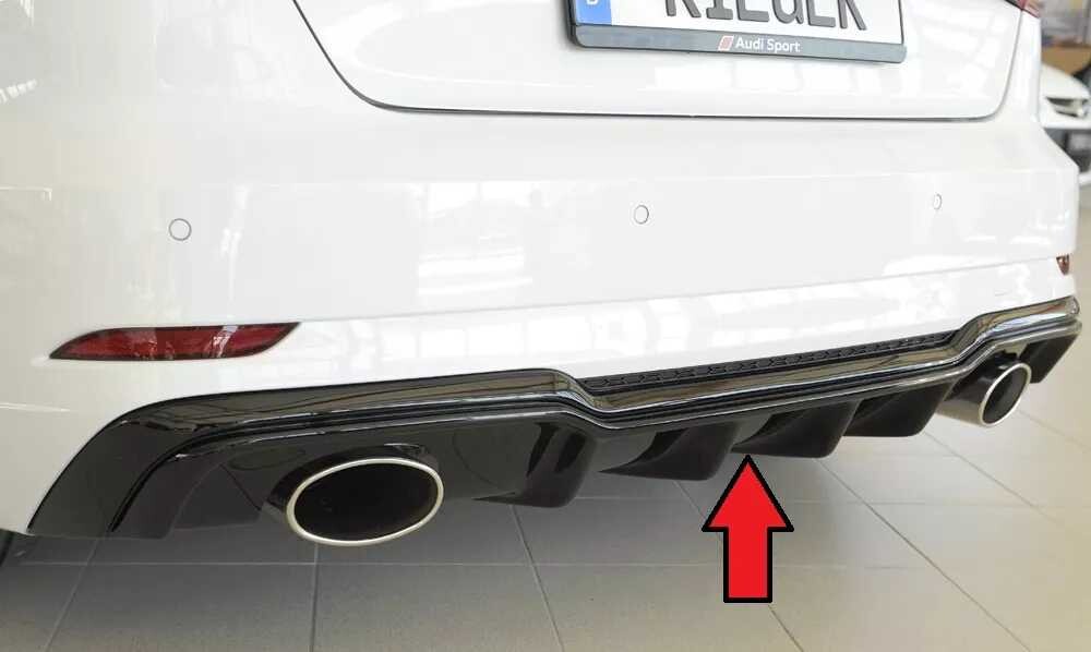 Rieger Tuning Rieger vložka zadního nárazníku pro Audi A3 S3 8V 3-dvéř. (hatchback 8V1), 5-dvéř. (sportback 8VA) po faceliftu, plast ABS lakovaný do černé lesklé barvy, pro sportovní koncovky na obou stranách 152x95 mm