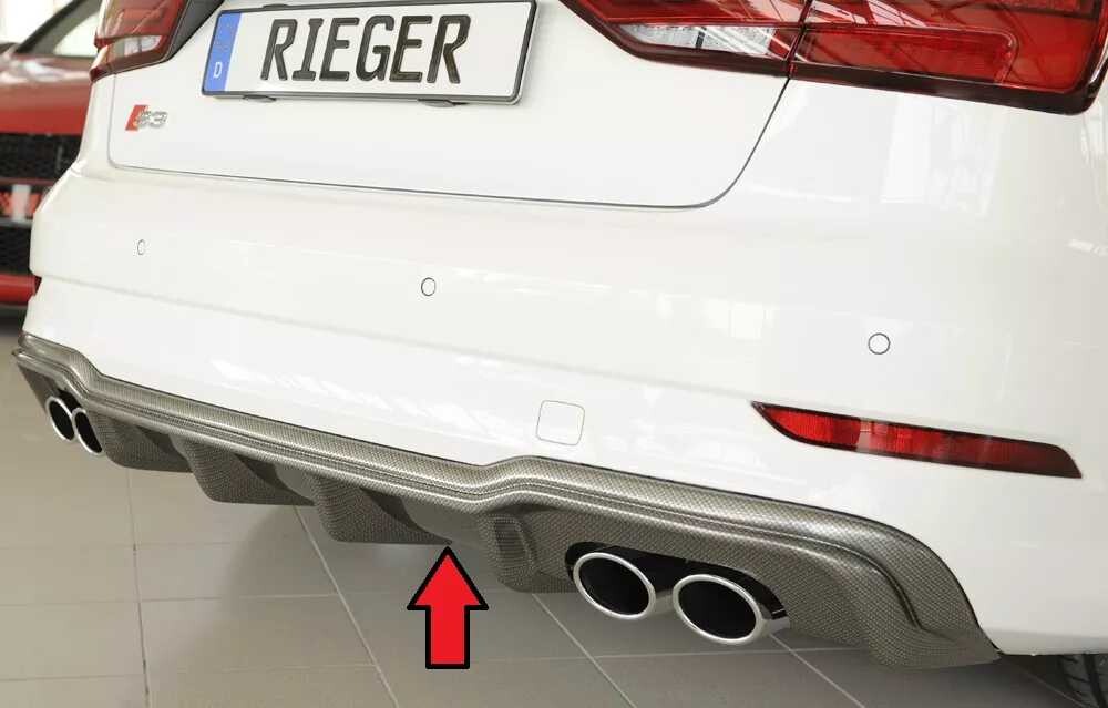Rieger Tuning Rieger vložka zadního nárazníku pro Audi A3 S3 8V 3-dvéř. (convertible 8V7), 5-dvéř. (sedan 8VS) po faceliftu, plast ABS s povrchovou úpravou Carbon-Look, pro orig. dvojité koncovky na obou stranách 4x90x72 mm
