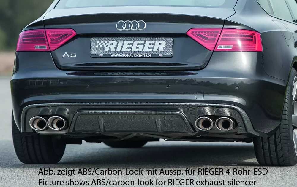 Rieger Tuning Rieger vložka zadního nárazníku pro Audi A5 B8, B81 Sportback po faceliftu, plast ABS lakovaný do černé lesklé barvy, S-Line, pro orig. dvojitou koncovku vlevo