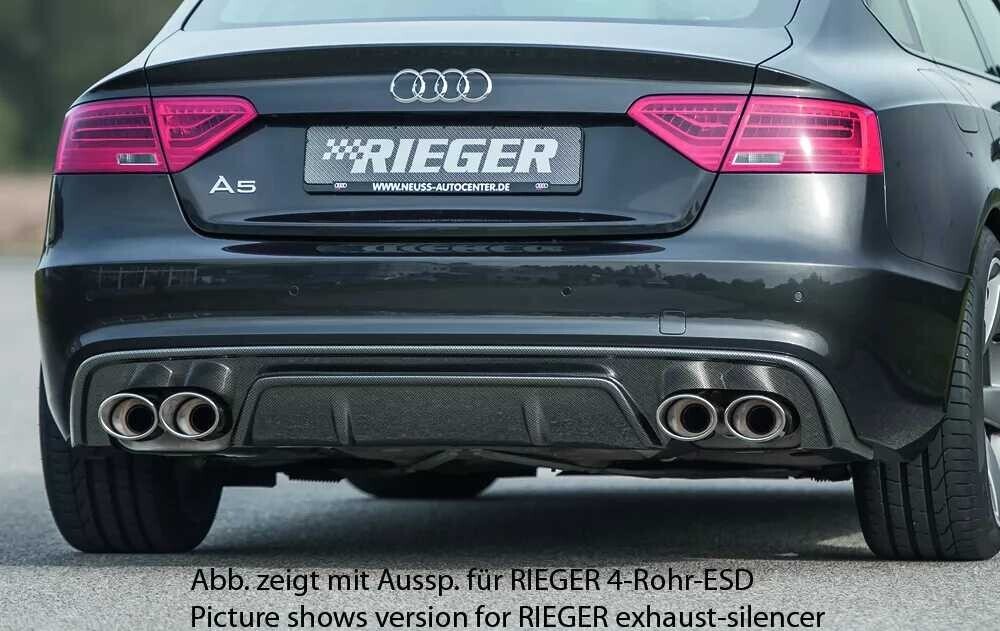 Rieger Tuning Rieger vložka zadního nárazníku pro Audi A5 B8, B81 Sportback po faceliftu, plast ABS s povrchovou úpravou Carbon-Look, S-Line, pro orig. dvojitou koncovku vlevo